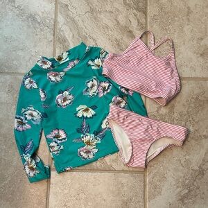 Carter's Teal Floral Rashguard and Pink Striped Bikini Set (6/6x)
